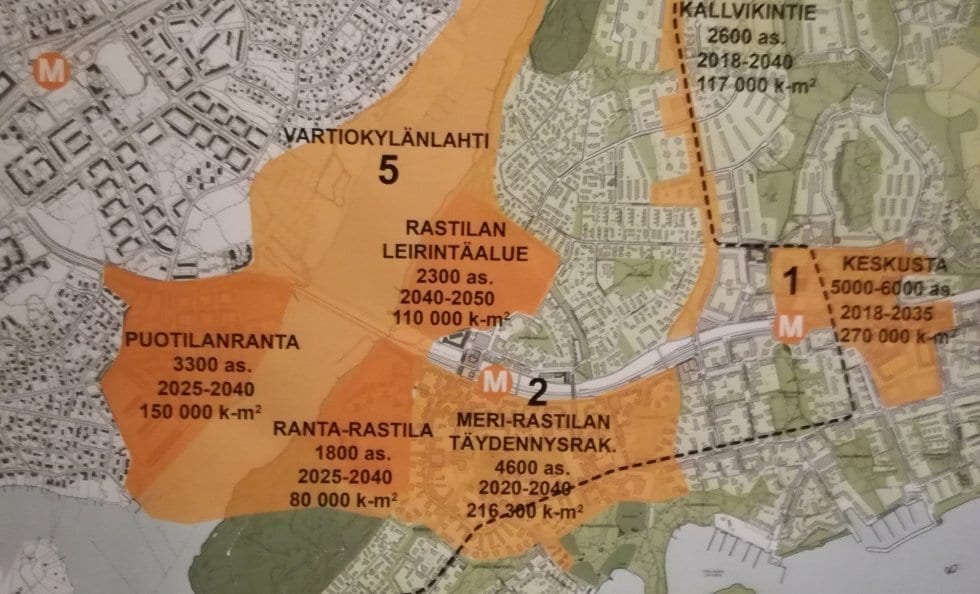 Luonnoskartassa näkyy Vuosaaren tulevaisuuden rakentamissuunnitelmia.