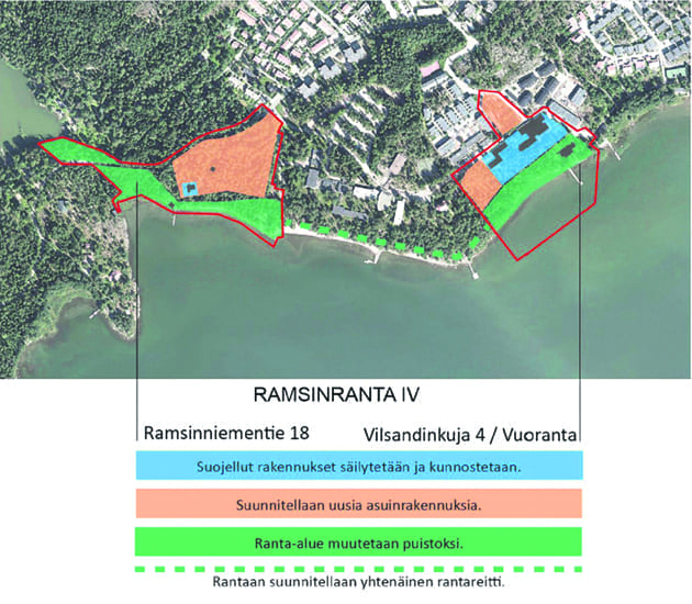 Helsingin kaupungin karttakuvasta näkee Ramsinranta 4:ään rakennettavat alueet. 