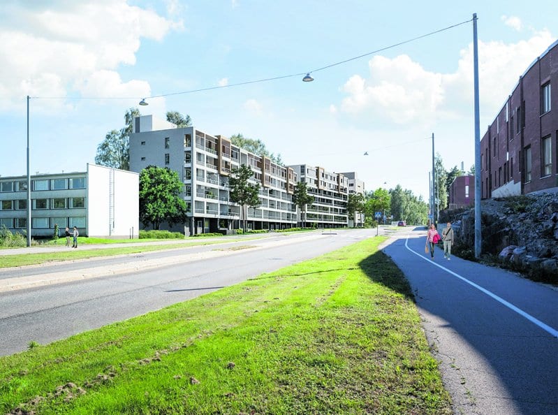 Havainnekuvassa uusia kerrostaloja Kallvikintien varressa.