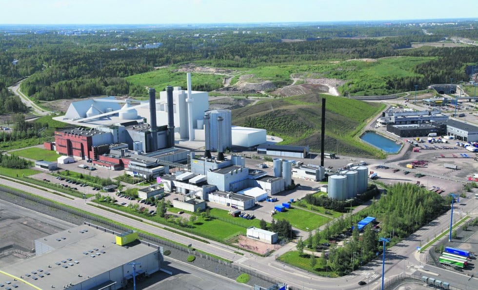 Havainnekuvassa näkyy valkoisella biolämpölaitoksen sijainti Helenin Vuosaaren voimalaitosalueella. Havainnekuva: Virkkunen & Co Architects