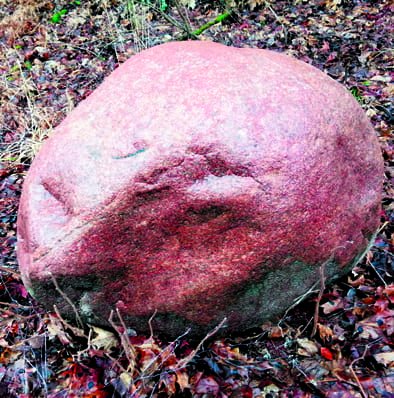 Vartiokylänlahden perukan lähistöllä on tällainen puolimetrinen hauska kivi, jossa voi nähdä mielikuvitusta käyttämällä kasvot nenineen ja silmineen. Työmiehet ovat onneksi pelastaneet sen työmaan alta tienposkeen ohikulkijoiden ihasteltavaksi. Kuva: E.H.