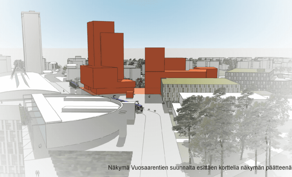 Havainnekuvassa Mosaiikkikortteli Vuosaarentien suunnasta. Kuvassa näkyy myös kaavailtu Raide-Jokeri 2:n reitti. Havainnekuva: Helsingin kaupungin asemakaavapalvelu