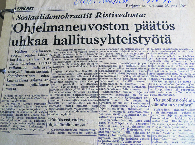 Lehdet puhuivat lokakuussa 1970 jopa hallituskriisistä. Kuvassa Helsingin Sanomat 23.10.1970.