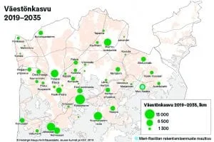 Väestönkasvu Helsingissä alueittain 2019–2035.