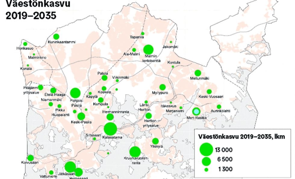 Väestönkasvu Helsingissä alueittain 2019–2035.