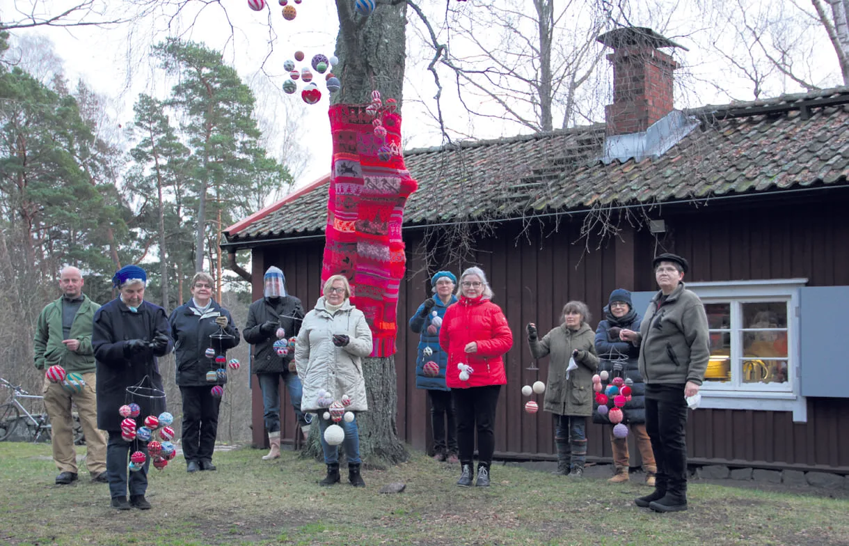 Joulukoivun koristajia Sjökullan pihalla. Kuvat: Outi Lepola
