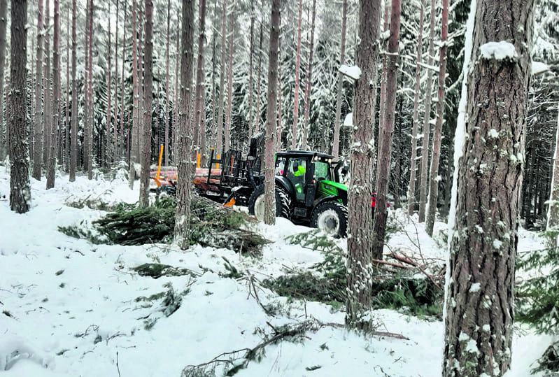 Traktori lastaamassa puita Uutelan metsässä.