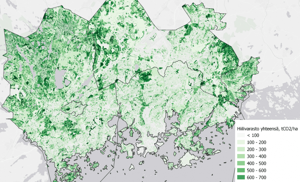 Pääkaupunkiseudun hiilivarastot. Kartta: HSY