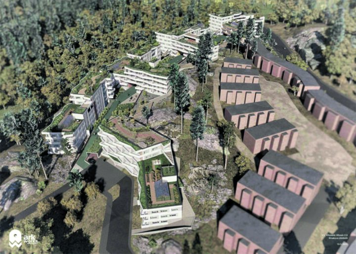 Havainnekuvassa valkoisella Kurkimoisioon kaavailtuja taloja. Kuva: Arkworks Arkkitehdit Oy