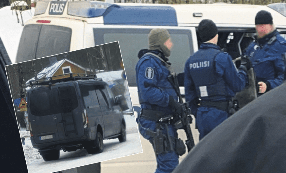 Poliisi tuli Uutelaan muun muassa raskaalla kalustolla, joka näkyi erikoisajoneuvoina ja -aseistuksena. Kuvat: Lukija