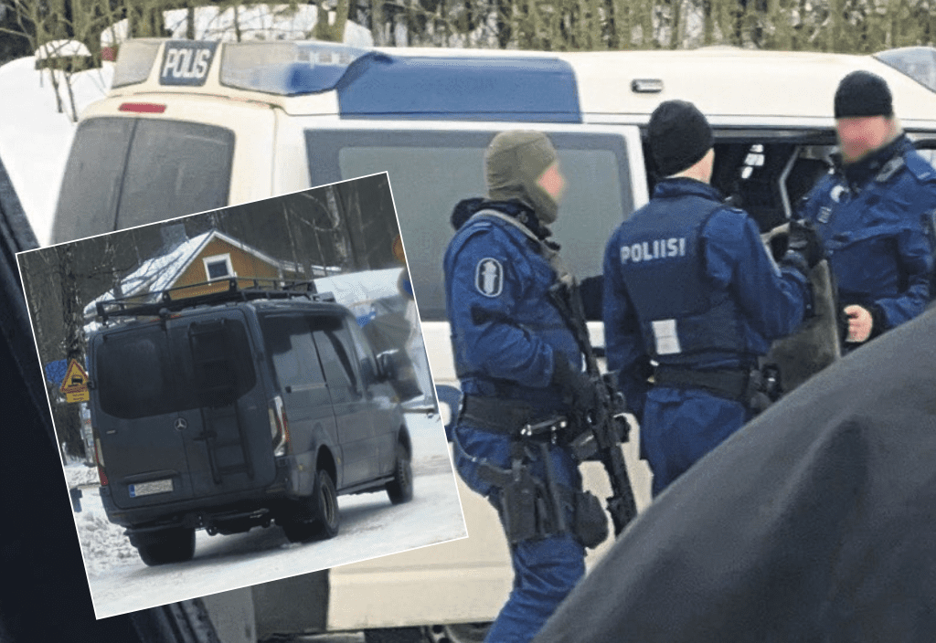Poliisi tuli Uutelaan muun muassa raskaalla kalustolla, joka näkyi erikoisajoneuvoina ja -aseistuksena. Kuvat: Lukija