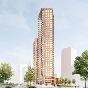 Atlas Columbuksen kohdilta Vuotietä Uutelaan päin kuvatussa havainnekuvassa. Kuva: B&M Architects