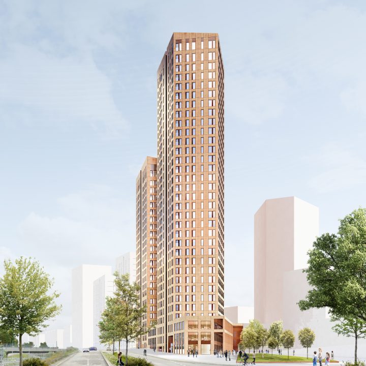 Atlas Columbuksen kohdilta Vuotietä Uutelaan päin kuvatussa havainnekuvassa. Kuva: B&M Architects
