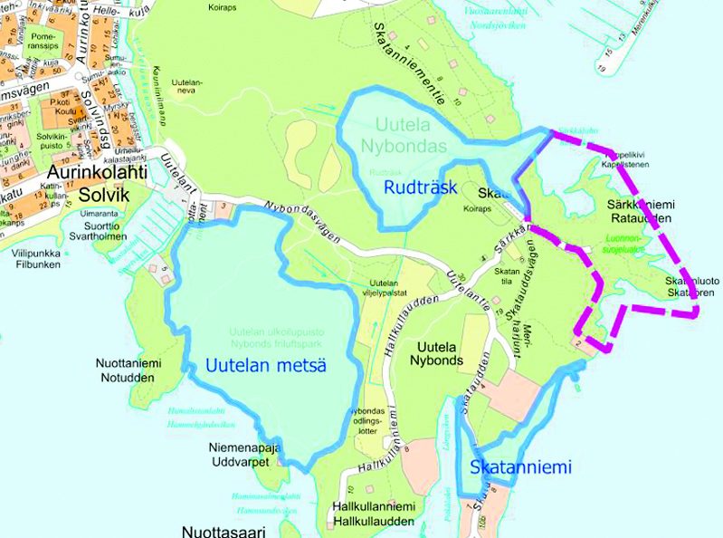 Kuvassa Uutelan uusien luonnonsuojelualueiden rajaus.