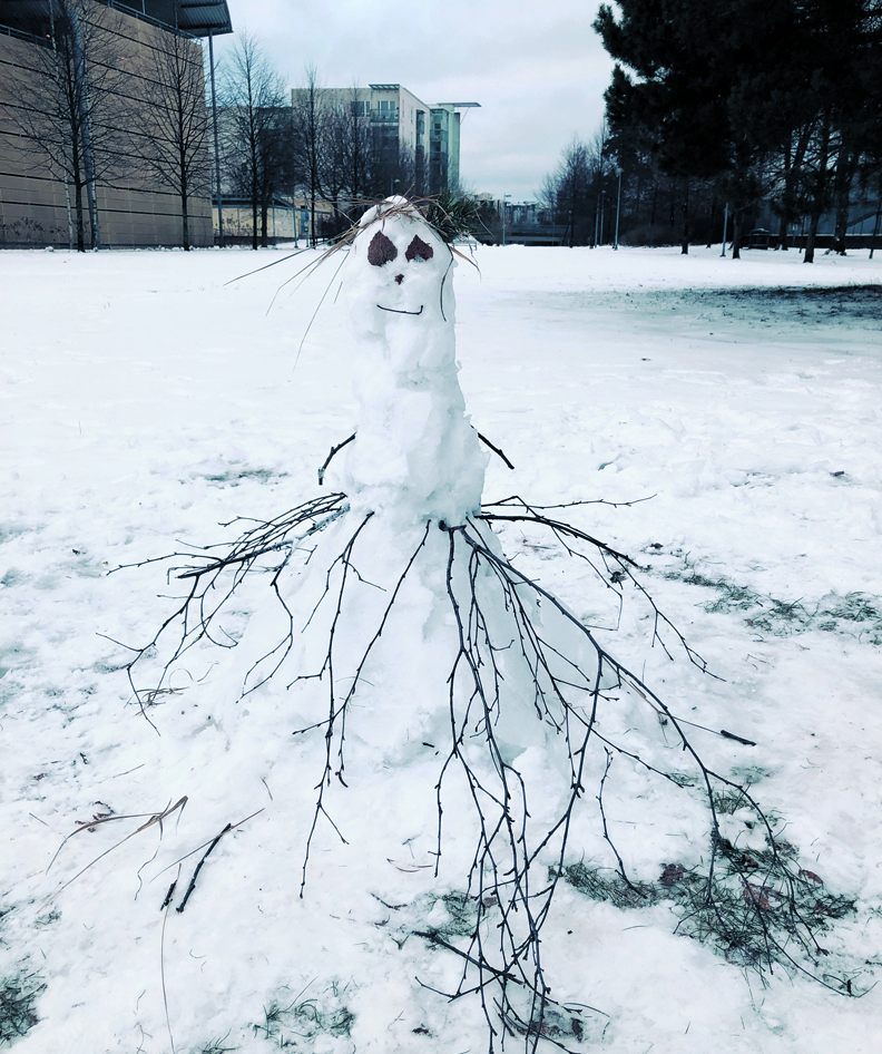 Sympaattinen lumiukko ilahdutti kulkijoita Lillkallvikinpuistossa Aurinkolahdessa.   Kuva: Katja Karjalainen