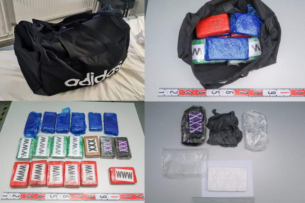 Hotellin pesutuvasta takavarikoitiin urheilukassi, joka sisälsi 19 kiloa kokaiinia. Kuva: Poliisi