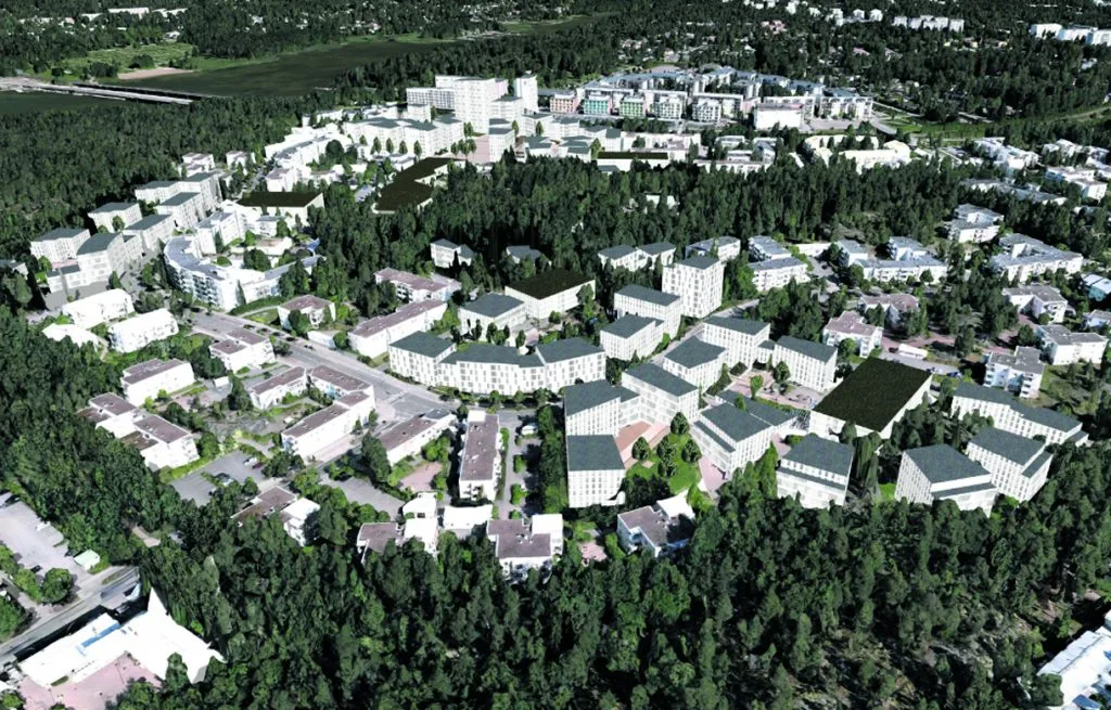Havainnekuvassa näkyy uusien talojen sijainnit. Havainnekuva: Helsingin kaupunki, asemakaavoitus