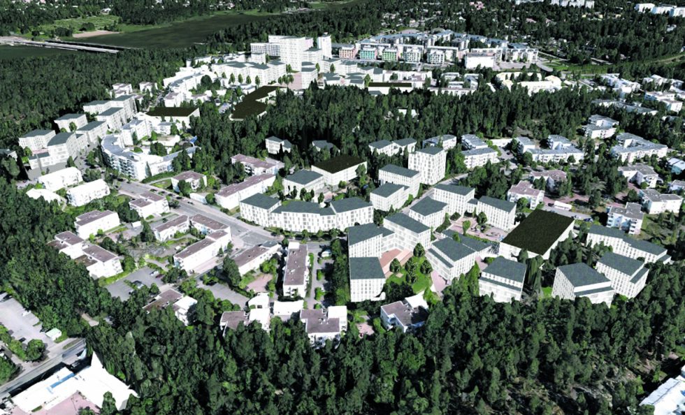 Havainnekuvassa näkyy uusien talojen sijainnit. Havainnekuva: Helsingin kaupunki, asemakaavoitus
