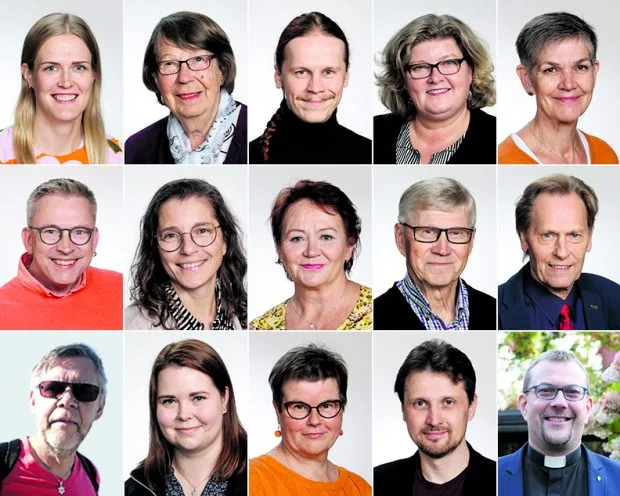 Seurakuntaneuvoston jäsenet kuvissa vasemmalta oikealle: ylärivissä Katja Ahopelto, Anja Hinkkanen, Jussipekka Jyväsjärvi, Sari Kumin ja Marja Lindholm. Keskirivissä Pauli Löija, Mikaela Mandalios, Marja Nyman, Heikki Pynnönen ja Timo Raittinen. Alarivissä Pekka Huhtinen, Hanna-Riikka Söderlund, Auli Tynkkynen, Tommi Vihervaara ja kirkkoherra Jussi Mäkelä. 