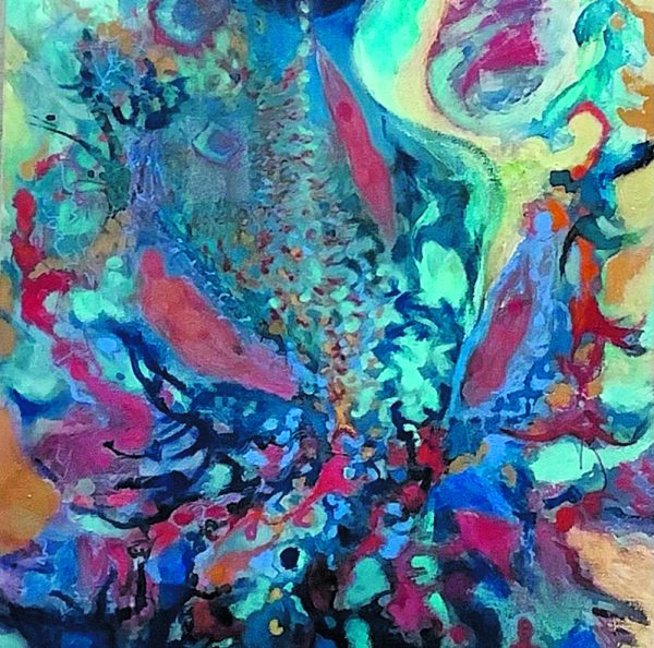Mesmerised by the Blue Flower, 2023, sekatekniikka kankaalle, 160 x 110 cm, Anna Wilhelmus.