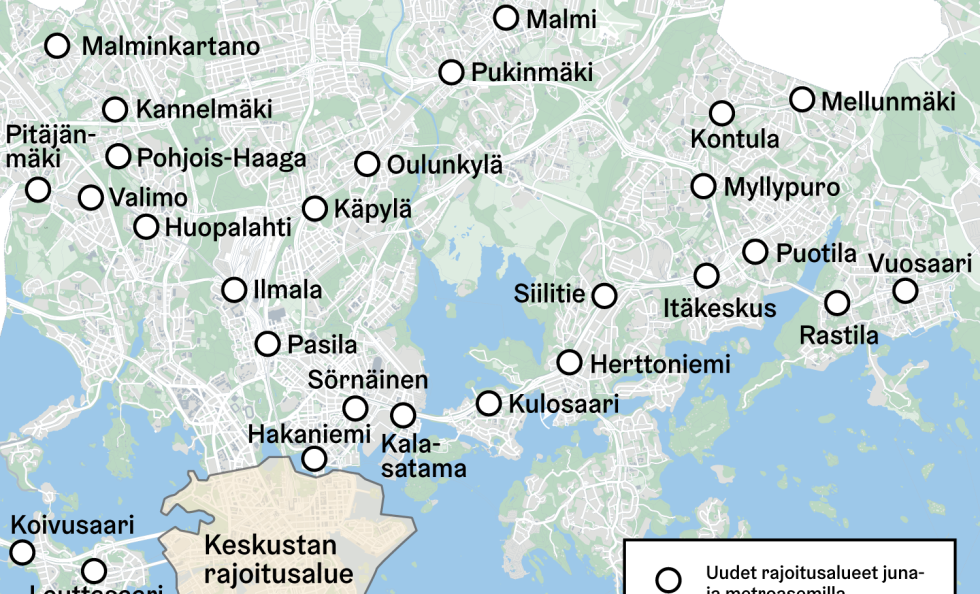 Kartta uusien rajoitusalueiden sijainneista Helsingissä.