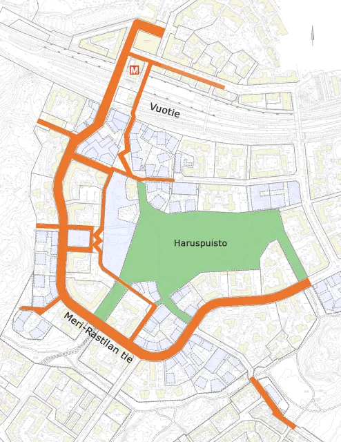 Suunnittelualue kartalla. Oranssilla katusuunnitelmia koskeva alue ja vihreällä Haruspuiston suunnittelualue. Ramboll Finland Oy Ramboll Finland Oy
