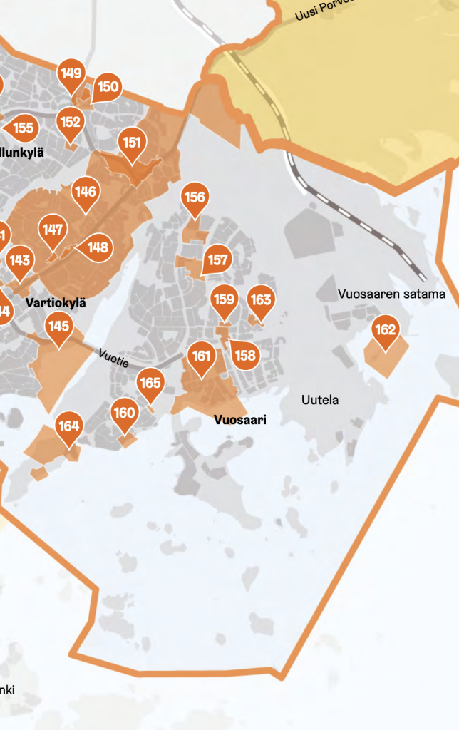 Karttaan merkityt Vuosaaren lähiajan kohteet: Numero 156, Vuosaaren pohjoinen lähikeskus. 157, Heteniityn koulu. 158, Kulttuurikortteli. 159, Vuosaarentie 10. 160, Vuoranta (Ramsinranta IV). 161, Kallahden uudistus. 162, Vuosaarenlahden pienvenesatama. 163, Omenamäen ympäristö. 164, Ramsinniemen pohjoisosa. 165, Harbonkatu 8.                                                                                  Kuva: Kaavoituskatsaus 2024