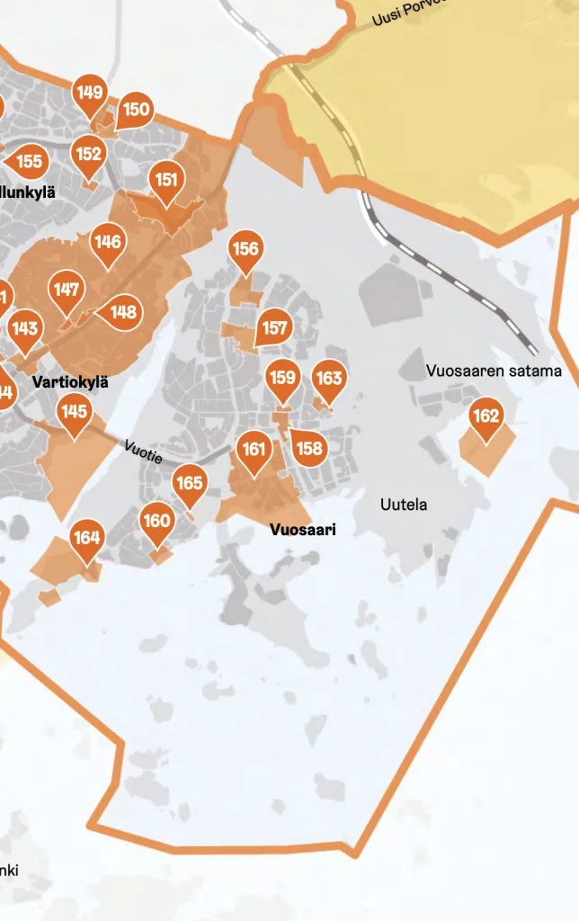 Karttaan merkityt Vuosaaren lähiajan kohteet: Numero 156, Vuosaaren pohjoinen lähikeskus. 157, Heteniityn koulu. 158, Kulttuurikortteli. 159, Vuosaarentie 10. 160, Vuoranta (Ramsinranta IV). 161, Kallahden uudistus. 162, Vuosaarenlahden pienvenesatama. 163, Omenamäen ympäristö. 164, Ramsinniemen pohjoisosa. 165, Harbonkatu 8.                                                                                  Kuva: Kaavoituskatsaus 2024