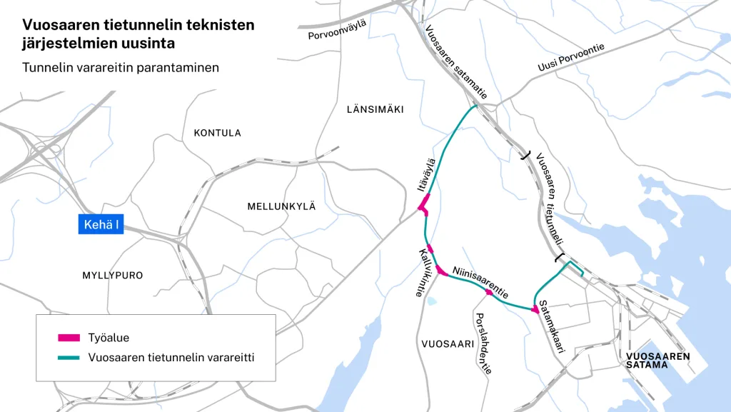 Vuosaaren tunnelin varareitin parannuskohteet kartalla. 