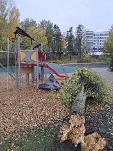 Myrskytuuli kaatoi puun lasten leikkitelineen päälle Lohikäärmepuistossa Satamasaarentiellä rikkoen kiipeilytelineen. Kuva: Aku Honkanen