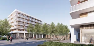 Pohjoisen ostoskeskuksen (lähikeskuksen) kaavamuutoksen arvellaan etenevän kaupunginvaltuuston käsittelyyn loppuvuodesta 2025. Havainnekuvassa nykyisen ostarin paikalle suunniteltuja taloja.