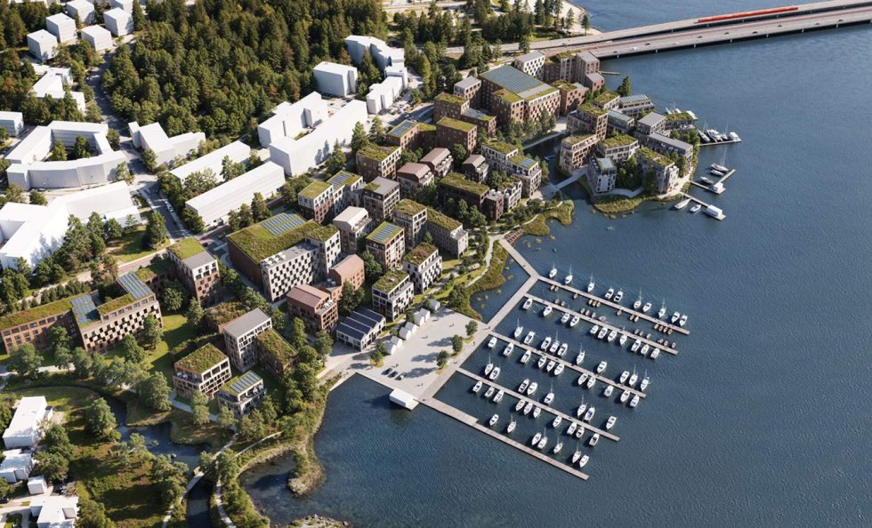 Havainnekuva suunnitellusta Puotilanrannan alueesta. Sillan juuressa on pienelle saarelle kaavailtu asuinkortteli, joka yhdistyisi mantereeseen silloilla. Havainnekuva: Voima Graphics Oy