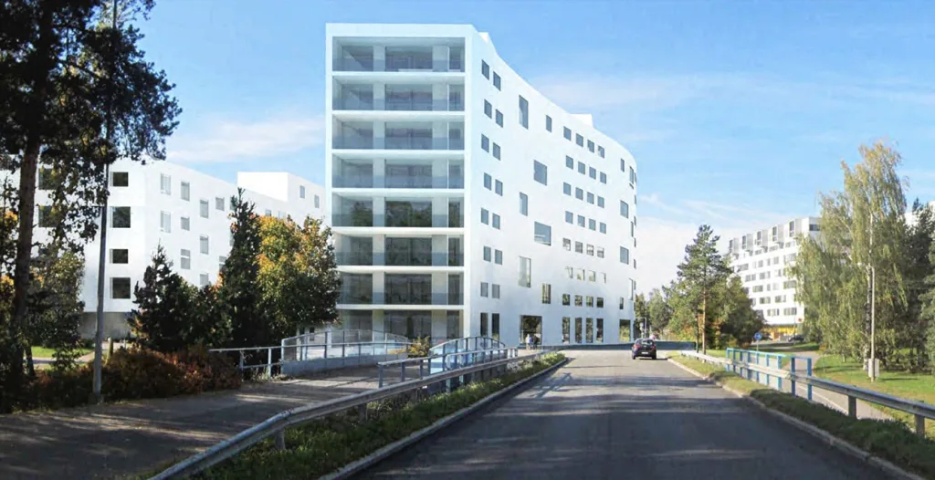 Vanha havainnekuva Vuosaarentie 3:een nousevista Helsingin kaupungin asuintaloista. 8-kerroksinen talo tulee aivan kiinni Vuosaarentiehen. Kuva: Arkkitehdit Kirsi Korhonen ja Mika Penttinen Oy