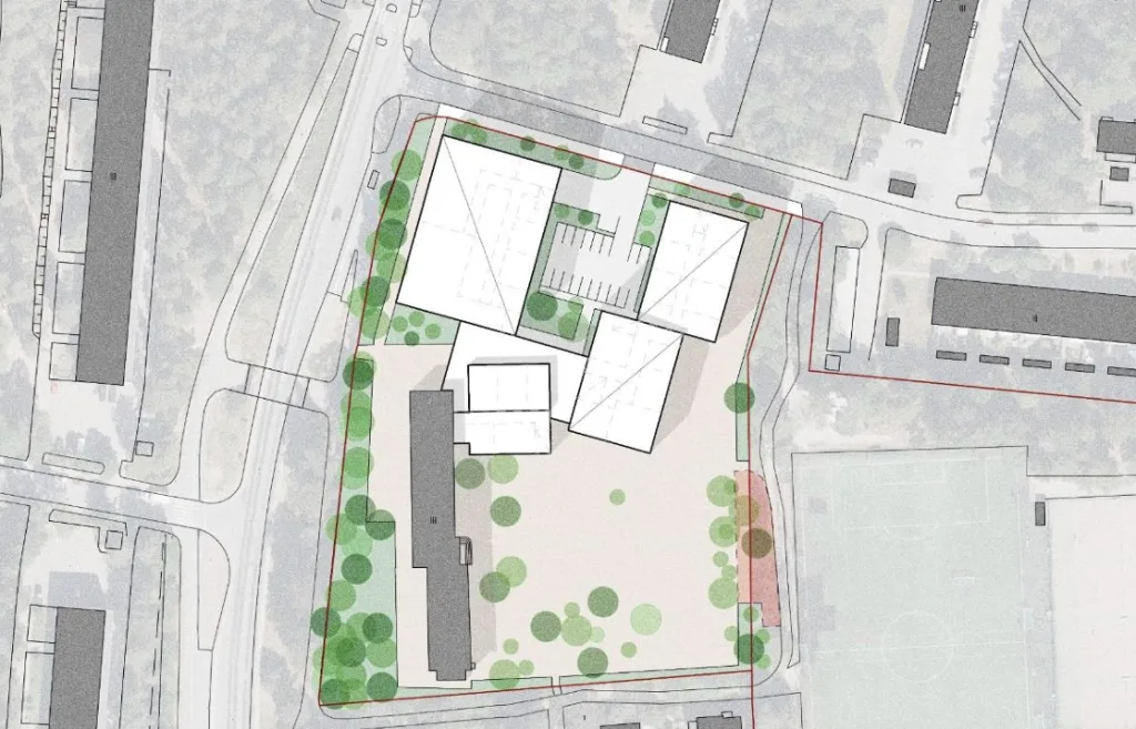 Heteniityntien vanha koulurakennus suojellaan ja sen yhteyteen tulee lisäosa esikoululle. Kallvikintien ja Heteniityntien risteyksen kulmaan tulee liikuntasali ja ruokala. Keskelle tulevat parkkipaikat ja uudet koulurakennukset tulevat urheilukentän puoleiselle sivulle. Heteniityntien varrella oleva paritalo puretaan, samoin koulun pihalla oleva entinen henkilökunnan asuinrakennus. Karttakuva: Helsingin kaupunki