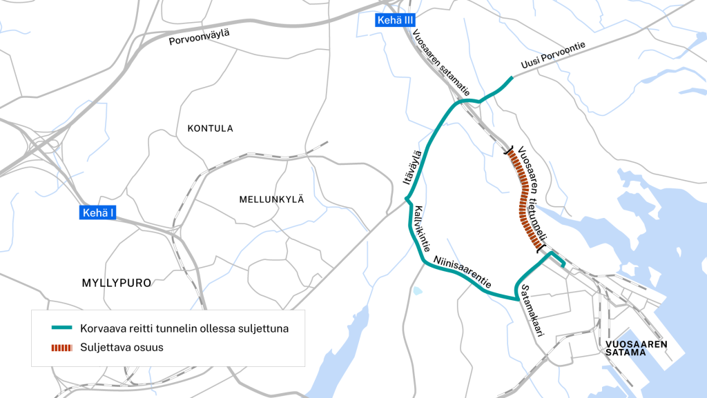 Tunnelin varareitti sulun aikaan. Fintraffic