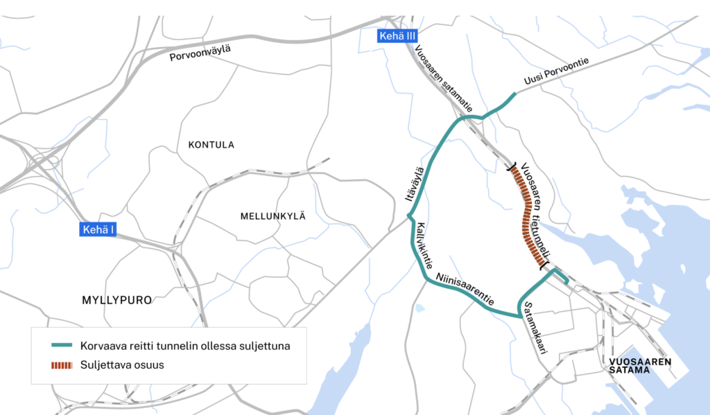 Tunnelin varareitti on Kehä III–Itäväylä–Kallvikintie–Niinisaarentie–Satamakaari–Vuosaaren satama.