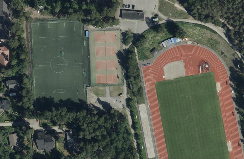 Heteniitynkentän ilmakuva. Uusi tekojäärata tulee kuvassa vasemmalla olevien jalkapallokentän ja tenniskenttien alueelle. Yleisurheilukentällä ei tehdä kunnostustöitä. Helsingin karttapalvelu