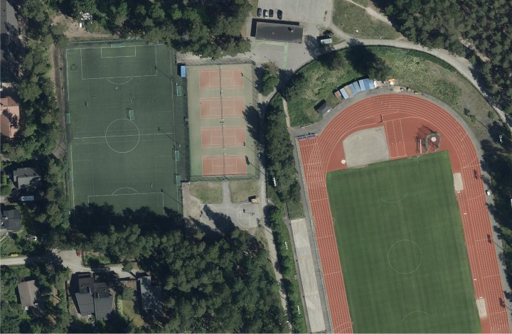Heteniitynkentän ilmakuva. Uusi tekojäärata tulee kuvassa vasemmalla olevien jalkapallokentän ja tenniskenttien alueelle. Yleisurheilukentällä ei tehdä kunnostustöitä. Helsingin karttapalvelu