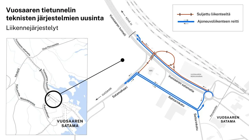 Työn ajaksi viikosta 35 alkaen suljetaan Satamakaaren ramppi molempiin ajosuuntiin sekä toinen Vuosaaren satamatien ajokaista Seilorinkadun kiertoliittymästä tunnelin suuntaan.  
