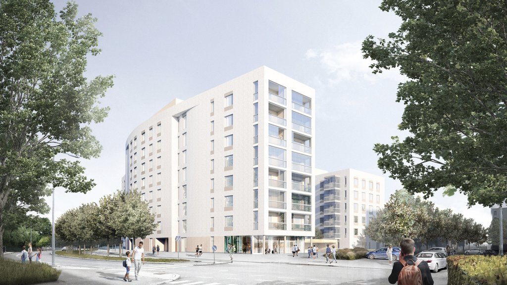 Vuosaarentien varteen sijoittuva korkeampi, kahdeksankerroksinen rakennus erottuu kaarevalla, päätietä mukailevalla muodollaan. ONE Architects