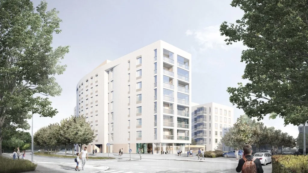 Vuosaarentien varteen sijoittuva korkeampi, kahdeksankerroksinen rakennus erottuu kaarevalla, päätietä mukailevalla muodollaan. ONE Architects