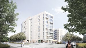 Vuosaarentien varteen sijoittuva korkeampi, kahdeksankerroksinen rakennus erottuu kaarevalla, päätietä mukailevalla muodollaan. ONE Architects