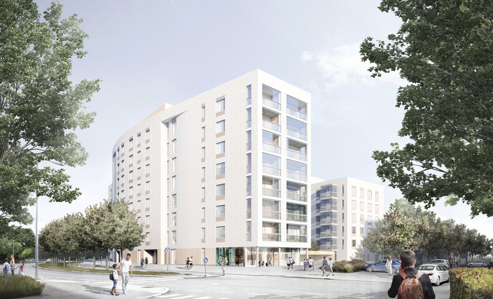 Vuosaarentien varteen sijoittuva korkeampi, kahdeksankerroksinen rakennus erottuu kaarevalla, päätietä mukailevalla muodollaan. ONE Architects