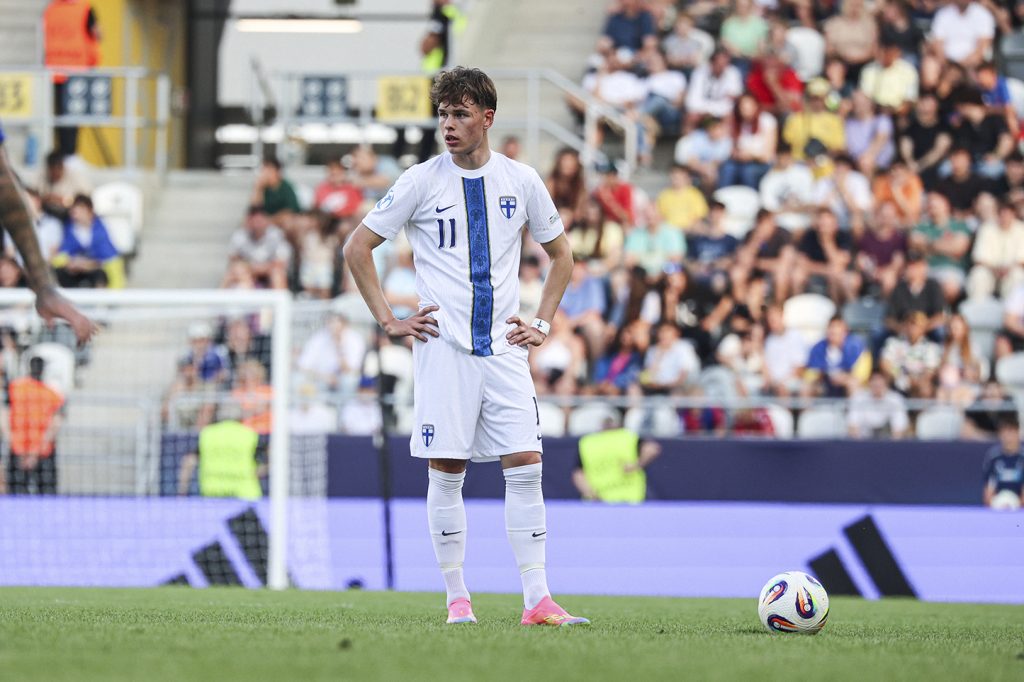 Casper Terho U21-nuorten EM-kisoissa 15.6.2025 Slovakian Kosicessa pelatussa Suomi–Ukraina-ottelussa.        Kuva: Jyri Sulander / SPL