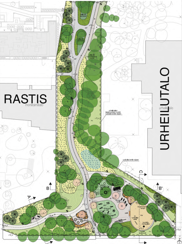 Mosaiikkipuisto sijaitsee Vuosaaren Urheilutalon ja monitoimitalo Rastiksen vieressä. Kartta: Helsingin kaupunki