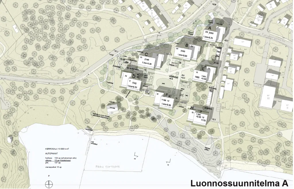 7 asuinkerrostaloaKerrosluvut vaihtelevat 3–7 välillä Rakennusoikeutta on yhteensä 13 000 kerrosneliömetriä (k-m2) 13 000 kerrosneliömetriä (k-m2) Uusia asukkaita noin 300 Pysäköinti on kansipihan alla rakennusten välissä Puroa muokataan alueen pohjoisosassa