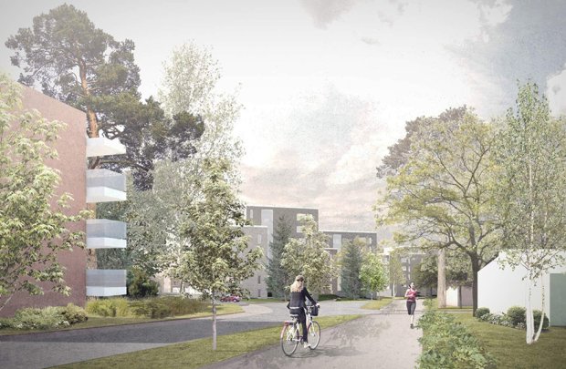Havainnekuva Ramsinniementien suunnasta esittää, millainen asuinkortteli voisi olla. Kuva: Arkkitehdit Kirsi Korhonen ja Mika Penttinen Oy