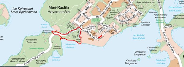 Kaava-alue rajautuu Ramsinniementiehen, Huvilavahdinkujaan ja merenrantaan. Rantaan suunnitellaan uusi virkistysalue ja katujen väliselle osalle asuinrakentamista. Kartta: Helsingin kaupunki