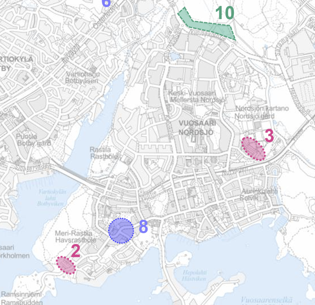 Vuosaaren suunnittelupaikat. Kuvankaappaus: Helsingin kaupunki, Pientalokaavoituksen mahdollisuudet