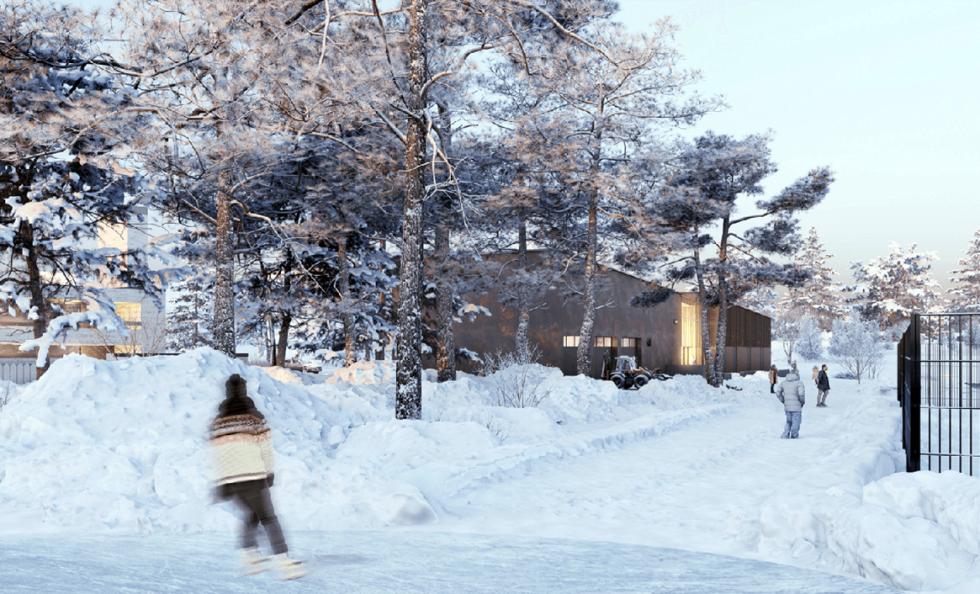 Heteniitynkentän uusi huoltorakennus näkyy keskellä taustalla. Havainnekuva: Olla Architecture